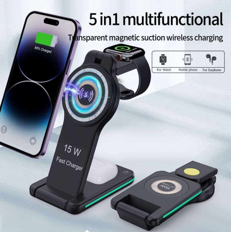 Incarcator Wireless Pliabil Telefon si Ceas Fast Charge 5in1 15w H60 - Image 2
