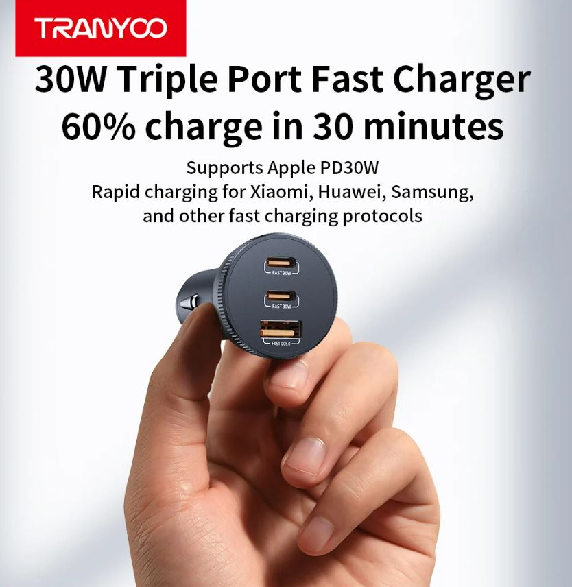 Incarcator Auto 2 x USB Tip C 30w si 1 x USB A Q.C 5.0 + Cablu USB Tip C la USB Tip C Tranyoo t-c25 78w - Image 2