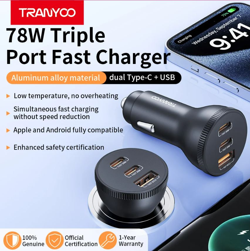 Incarcator Auto 2 x USB Tip C 30w si 1 x USB A Q.C 5.0 + Cablu USB Tip C la USB Tip C Tranyoo t-c25 78w - Image 3
