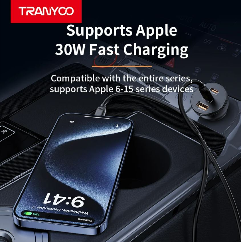 Incarcator Auto 2 x USB Tip C 30w si 1 x USB A Q.C 5.0 + Cablu USB Tip C la USB Tip C Tranyoo t-c25 78w - Image 4