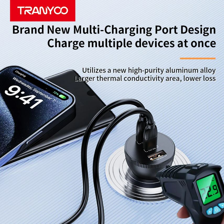 Incarcator Auto 2 x USB Tip C 30w si 1 x USB A Q.C 5.0 + Cablu USB Tip C la USB Tip C Tranyoo t-c25 78w - Image 6