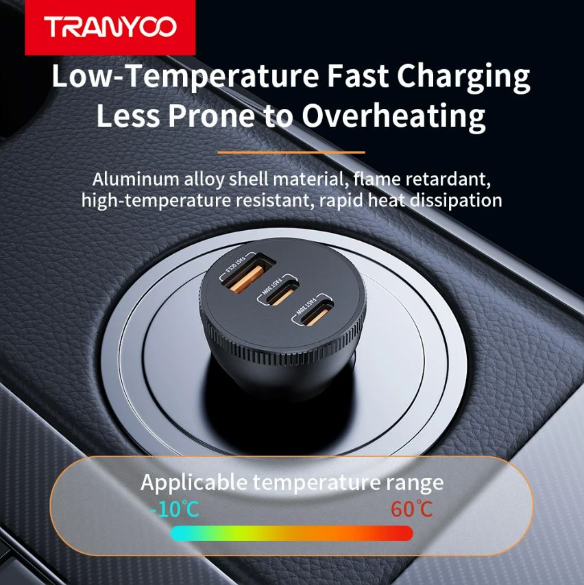 Incarcator Auto 2 x USB Tip C 30w si 1 x USB A Q.C 5.0 + Cablu USB Tip C la USB Tip C Tranyoo t-c25 78w - Image 7